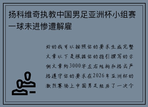 扬科维奇执教中国男足亚洲杯小组赛一球未进惨遭解雇